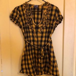 UO Yellow and Black Check Tunic Top with Ruffle